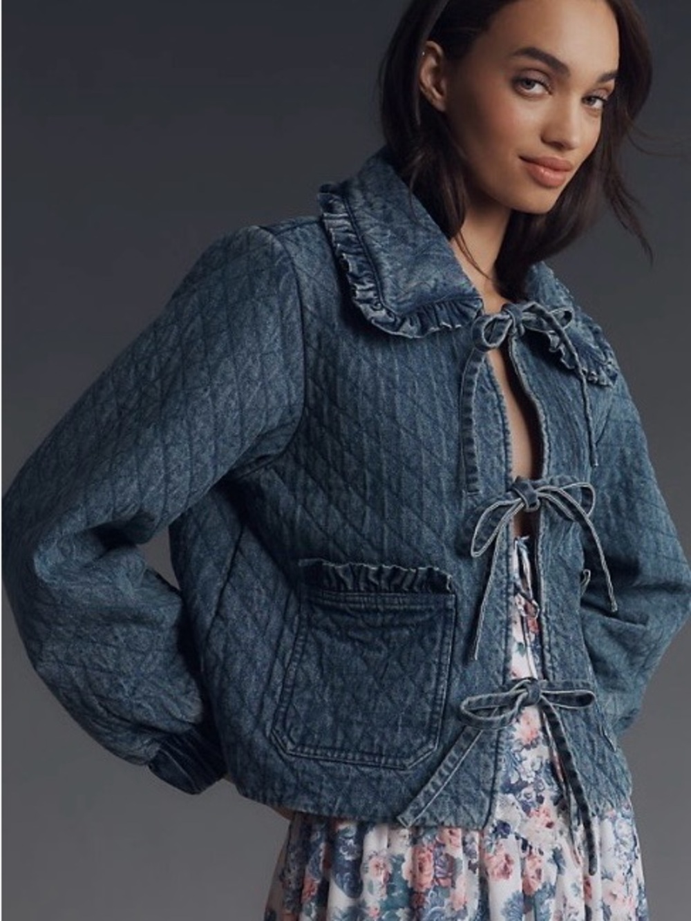Avec Les Filles Quilted Denim Blue Tie-Front Jacket